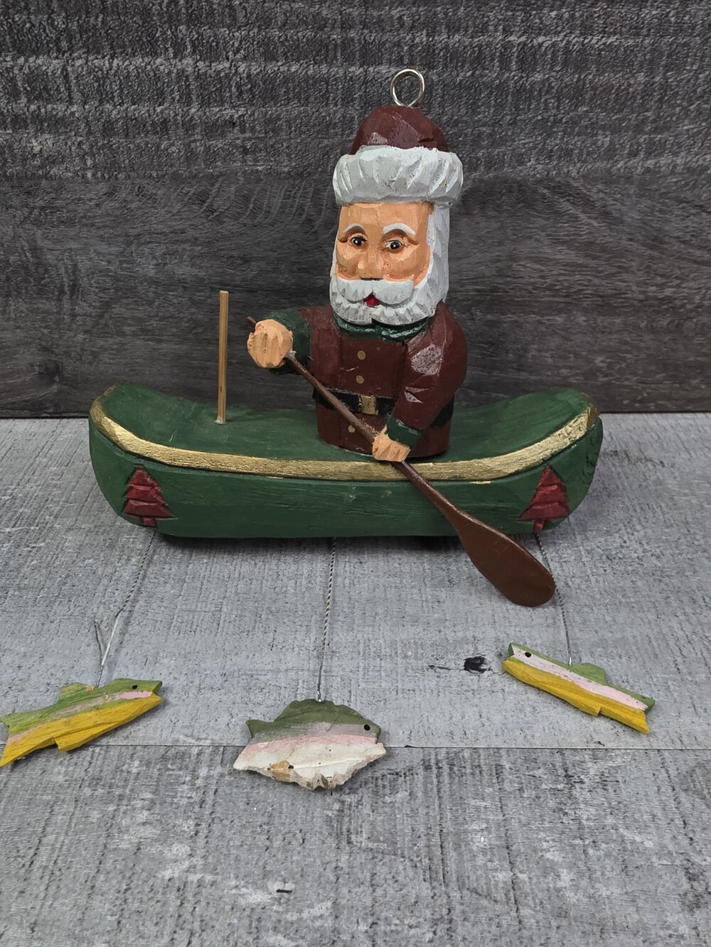 Santa in a Canoe Wooden with Hanging Fish Christmas Ornament 55ba